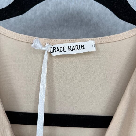 Grace Karin Womens Flutter Sleeve Surplice Blouse Top Size XL Tan Office NEW - Picture 7 of 13